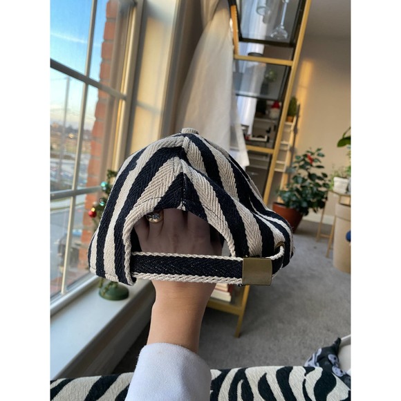 Tan/Black striped burlap hat, adjustable OSFM - Picture 3 of 9